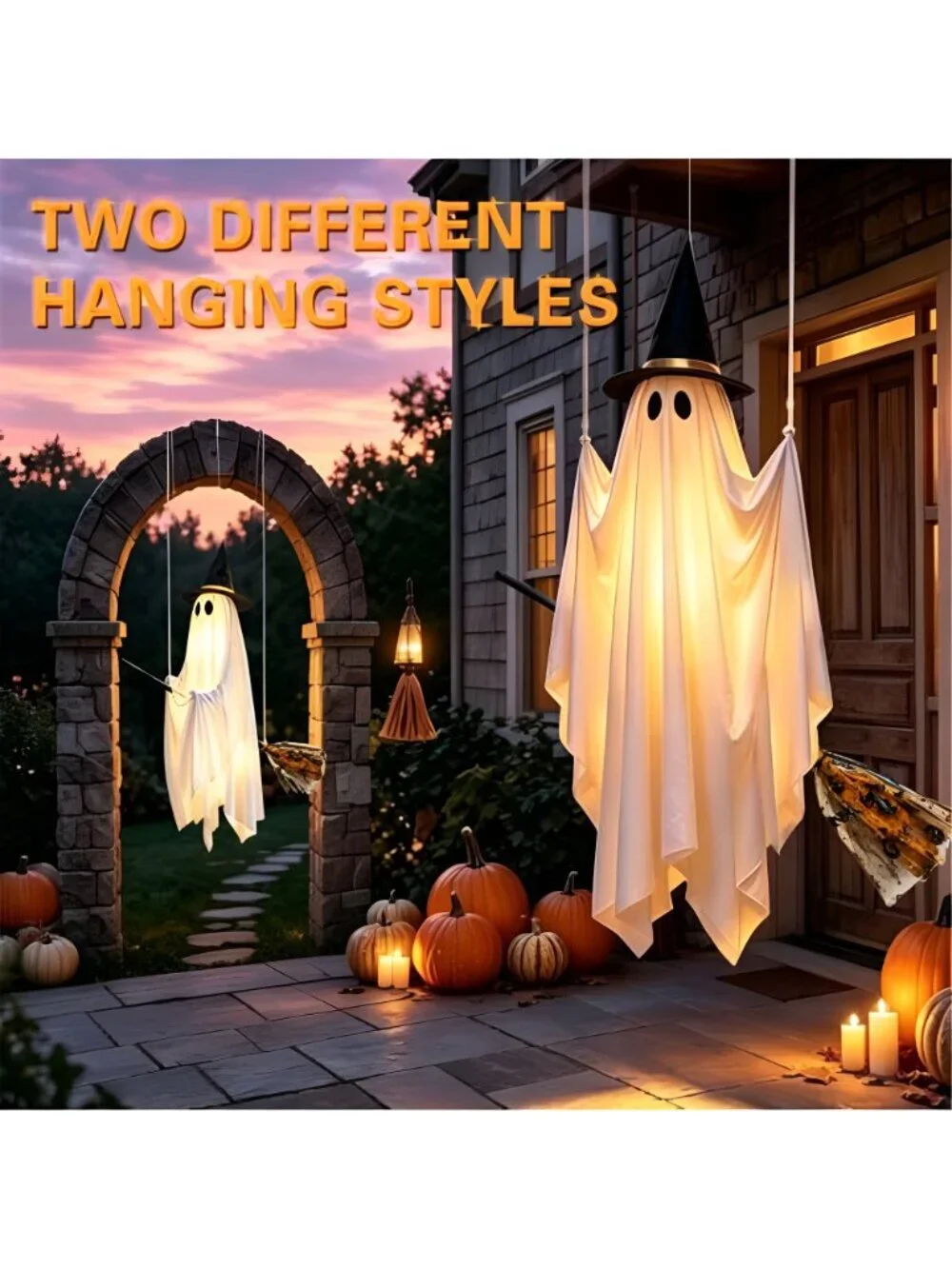 Halloween Ghost Decorations Outdoor with Witch Hat and Detachable Broom